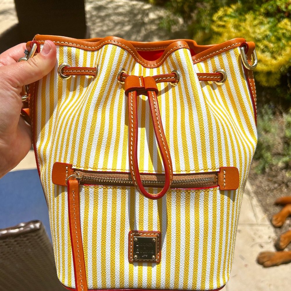 Dooney & Bourke Yellow Striped Small Drawstring Bucket Bag